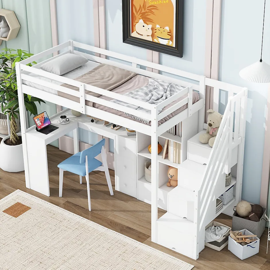 Enfant Redom Lit mezzanine 90x200 cm avec bureau integre tiroirs et etageres structure pin et MDF blanc