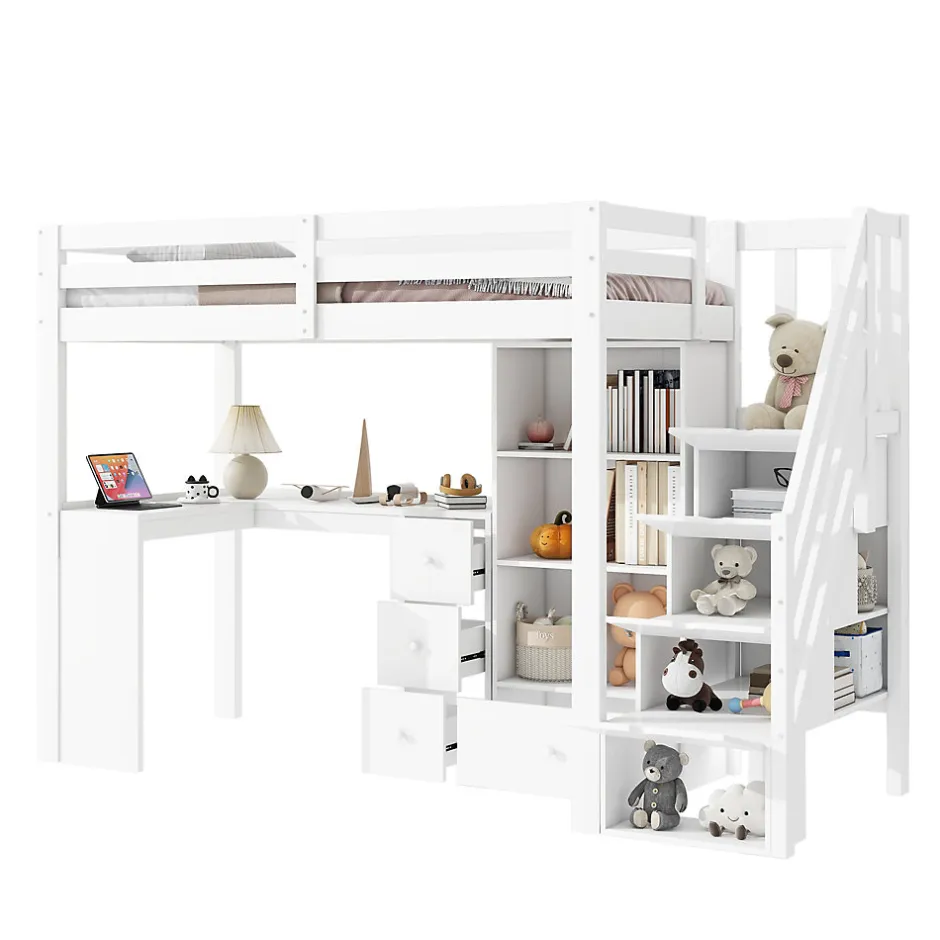 Enfant Redom Lit mezzanine 90x200 cm avec bureau integre tiroirs et etageres structure pin et MDF blanc