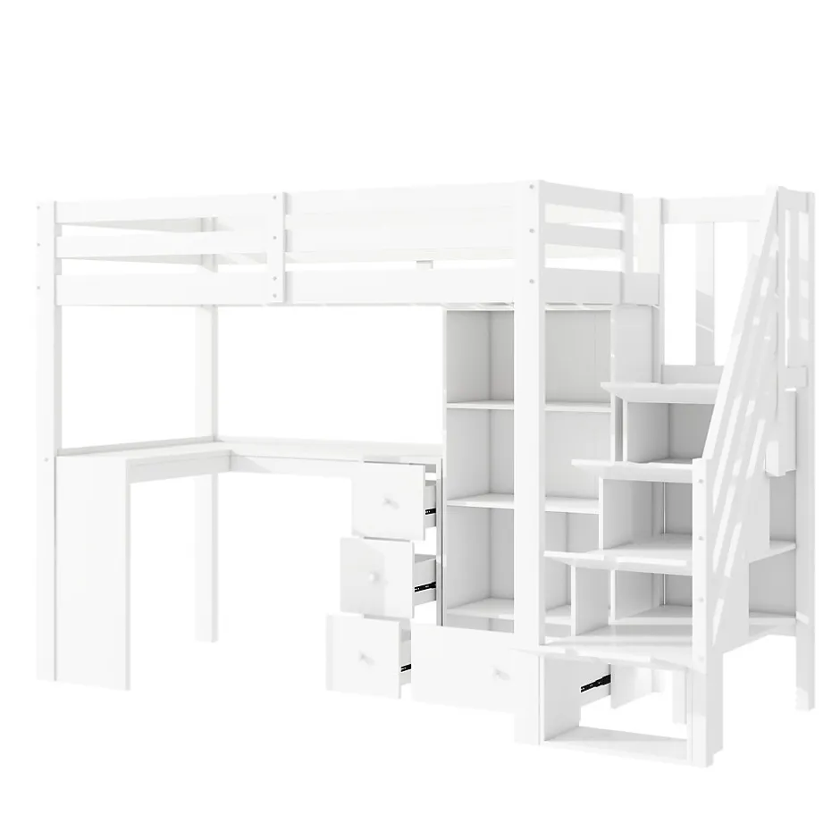 Enfant Redom Lit mezzanine 90x200 cm avec bureau integre tiroirs et etageres structure pin et MDF blanc