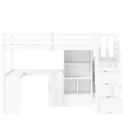 Enfant Redom Lit mezzanine 90x200 cm avec bureau integre tiroirs et etageres structure pin et MDF blanc