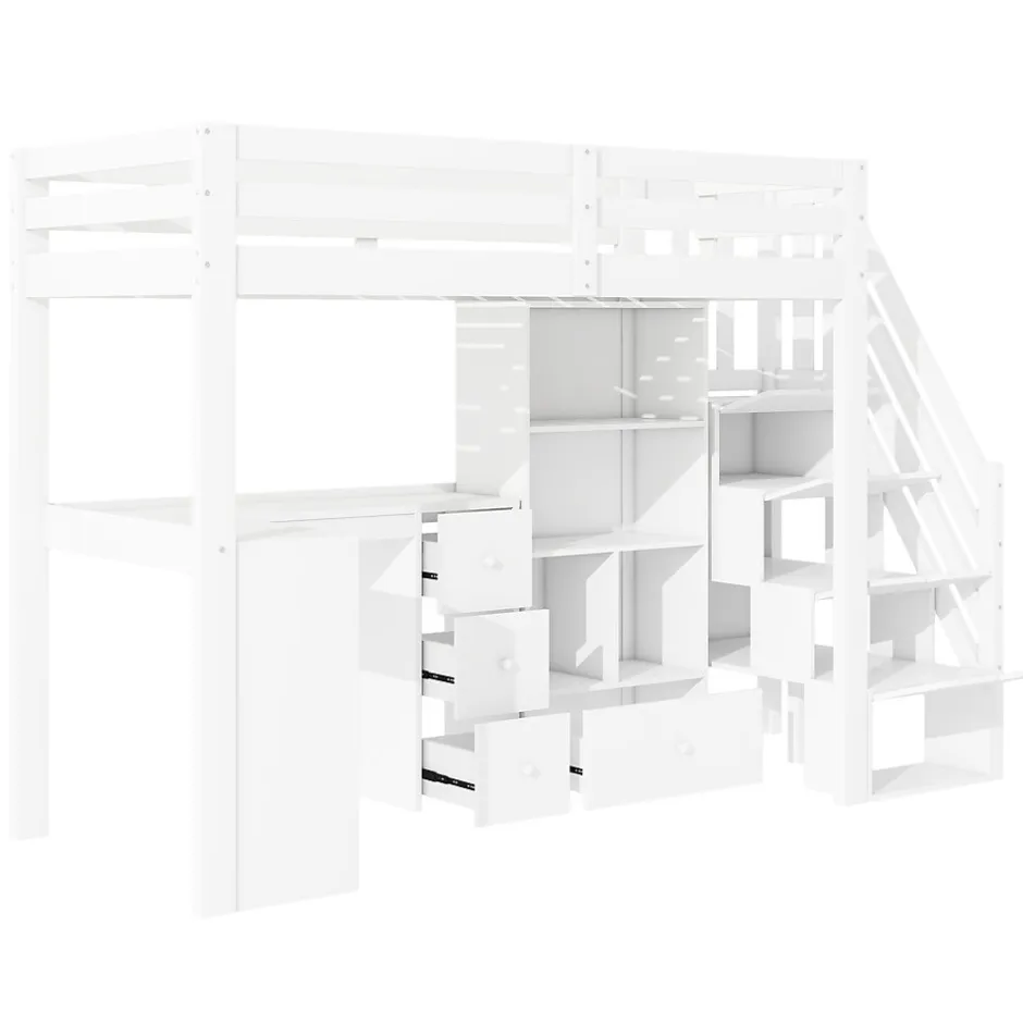 Enfant Redom Lit mezzanine 90x200 cm avec bureau integre tiroirs et etageres structure pin et MDF blanc