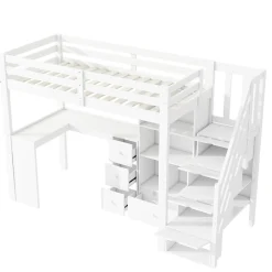 Enfant Redom Lit mezzanine 90x200 cm avec bureau integre tiroirs et etageres structure pin et MDF blanc