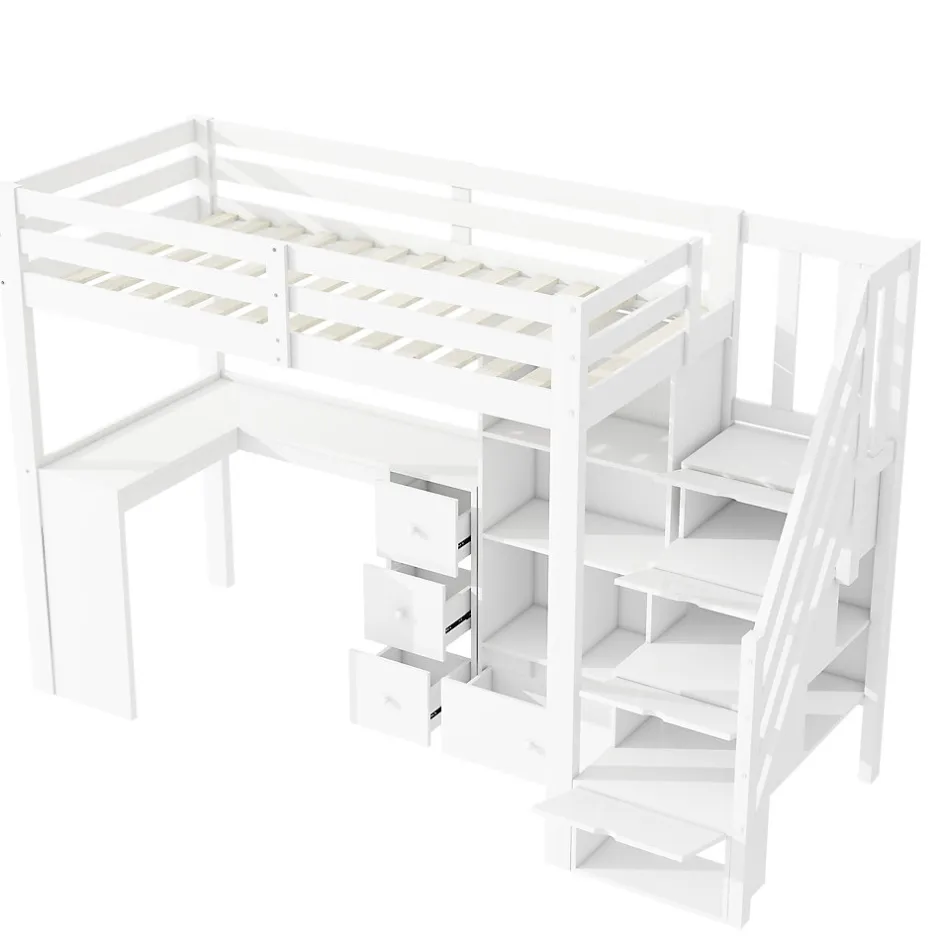 Enfant Redom Lit mezzanine 90x200 cm avec bureau integre tiroirs et etageres structure pin et MDF blanc