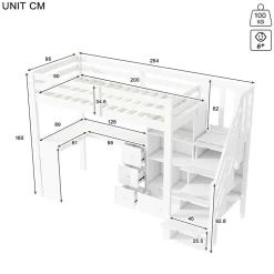 Enfant Redom Lit mezzanine 90x200 cm avec bureau integre tiroirs et etageres structure pin et MDF blanc