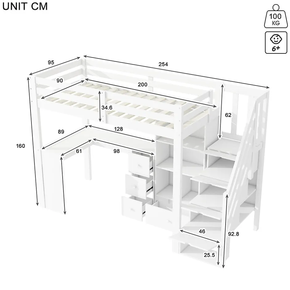 Enfant Redom Lit mezzanine 90x200 cm avec bureau integre tiroirs et etageres structure pin et MDF blanc