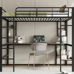 Redom Lit mezzanine 140x200 cm avec bureau et étagères intégrées, cadre métal noir fonctionnel