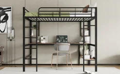 Redom Lit mezzanine 140x200 cm avec bureau et étagères intégrées, cadre métal noir fonctionnel
