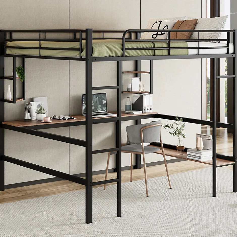 Redom Lit mezzanine 140x200 cm avec bureau et étagères intégrées, cadre métal noir fonctionnel