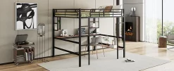 Redom Lit mezzanine 140x200 cm avec bureau et étagères intégrées, cadre métal noir fonctionnel