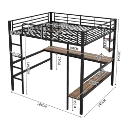 Redom Lit mezzanine 140x200 cm avec bureau et étagères intégrées, cadre métal noir fonctionnel