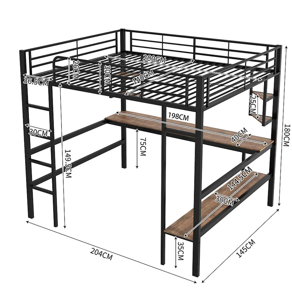 Redom Lit mezzanine 140x200 cm avec bureau et étagères intégrées, cadre métal noir fonctionnel
