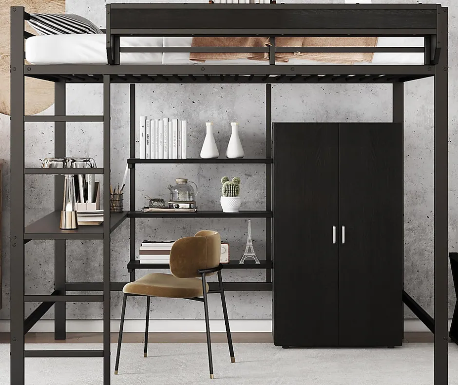 ModernLuxe Lit mezzanine 140x200 cm avec bureau et étagère de rangement - avec garde-robe - Métal + MDF - Noir (sans matelas)