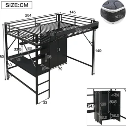 ModernLuxe Lit mezzanine 140x200 cm avec bureau et étagère de rangement - avec garde-robe - Métal + MDF - Noir (sans matelas)