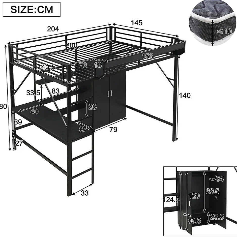 ModernLuxe Lit mezzanine 140x200 cm avec bureau et étagère de rangement - avec garde-robe - Métal + MDF - Noir (sans matelas)