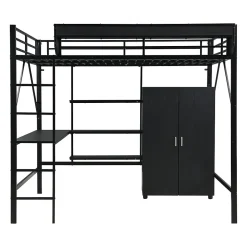 ModernLuxe Lit mezzanine 140x200 cm avec bureau et étagère de rangement - avec garde-robe - Métal + MDF - Noir (sans matelas)