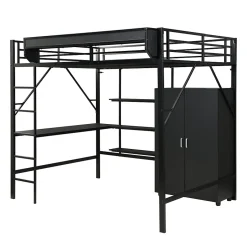 ModernLuxe Lit mezzanine 140x200 cm avec bureau et étagère de rangement - avec garde-robe - Métal + MDF - Noir (sans matelas)