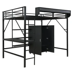 ModernLuxe Lit mezzanine 140x200 cm avec bureau et étagère de rangement - avec garde-robe - Métal + MDF - Noir (sans matelas)
