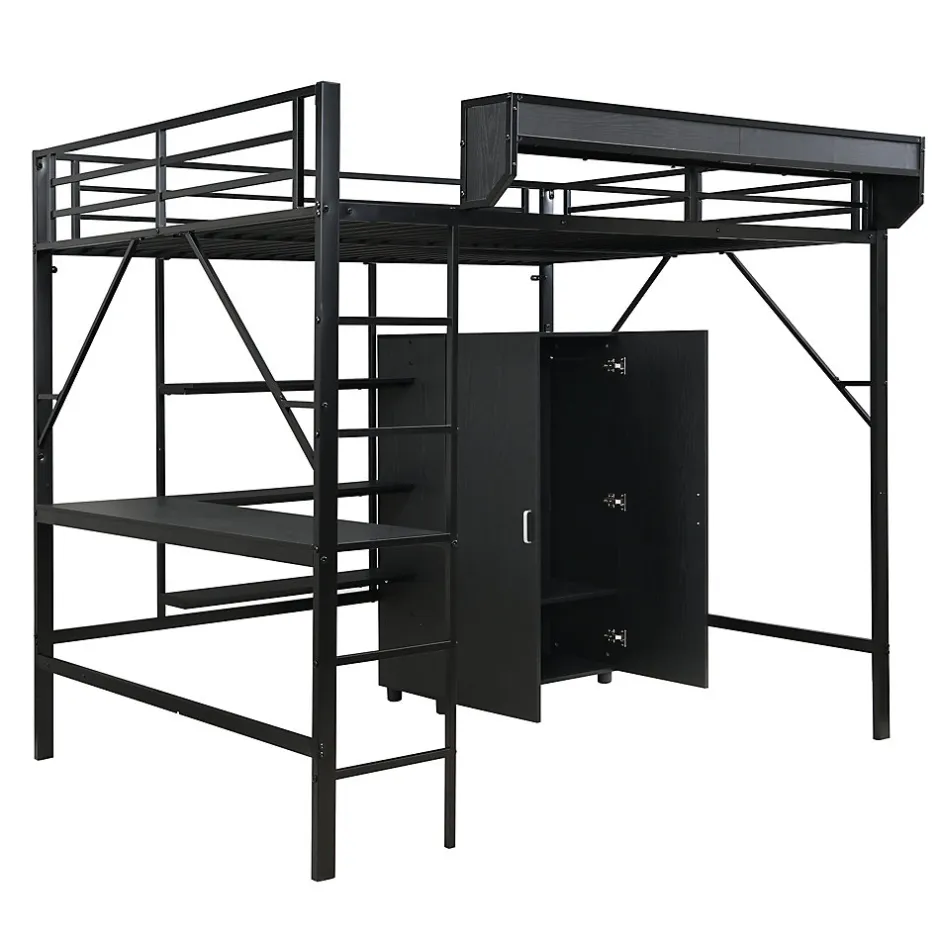 ModernLuxe Lit mezzanine 140x200 cm avec bureau et étagère de rangement - avec garde-robe - Métal + MDF - Noir (sans matelas)