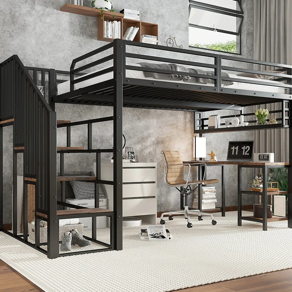 ModernLuxe Lit mezzanine 120x200 cm avec bureau et étagère - escaliers avec rampes - Métal+panneaux de particules - Noir (sans matelas)