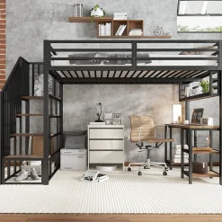 ModernLuxe Lit mezzanine 120x200 cm avec bureau et étagère - escaliers avec rampes - Métal+panneaux de particules - Noir (sans matelas)