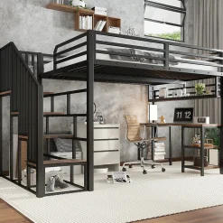 ModernLuxe Lit mezzanine 120x200 cm avec bureau et étagère - escaliers avec rampes - Métal+panneaux de particules - Noir (sans matelas)