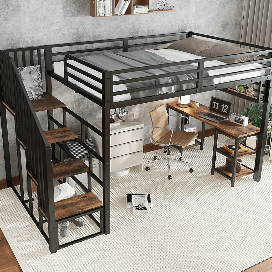ModernLuxe Lit mezzanine 120x200 cm avec bureau et étagère - escaliers avec rampes - Métal+panneaux de particules - Noir (sans matelas)