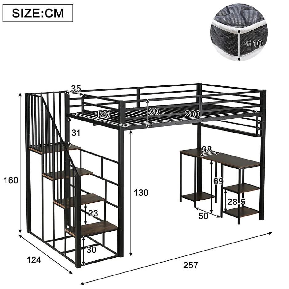 ModernLuxe Lit mezzanine 120x200 cm avec bureau et étagère - escaliers avec rampes - Métal+panneaux de particules - Noir (sans matelas)