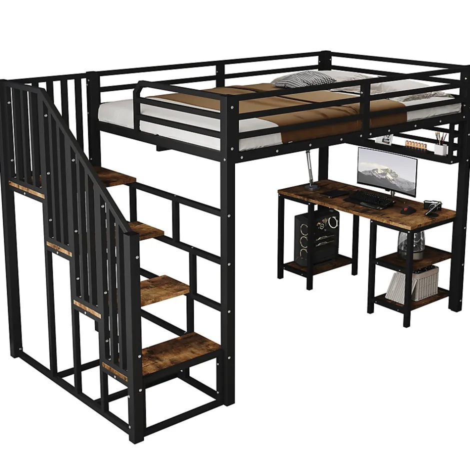 ModernLuxe Lit mezzanine 120x200 cm avec bureau et étagère - escaliers avec rampes - Métal+panneaux de particules - Noir (sans matelas)