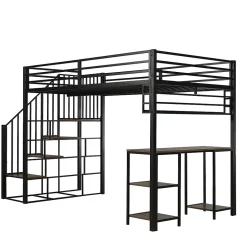 ModernLuxe Lit mezzanine 120x200 cm avec bureau et étagère - escaliers avec rampes - Métal+panneaux de particules - Noir (sans matelas)