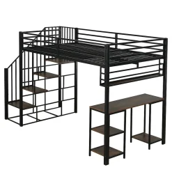 ModernLuxe Lit mezzanine 120x200 cm avec bureau et étagère - escaliers avec rampes - Métal+panneaux de particules - Noir (sans matelas)