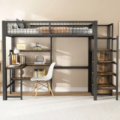 Okwish Lit mezzanine 90x200 cm avec bureau, placard et étagères, structure métal robuste, noir, sans matelas Online