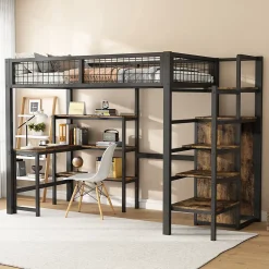Okwish Lit mezzanine 90x200 cm avec bureau, placard et étagères, structure métal robuste, noir, sans matelas Online