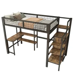 Okwish Lit mezzanine 90x200 cm avec bureau, placard et étagères, structure métal robuste, noir, sans matelas Online
