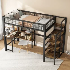 Okwish Lit mezzanine 90x200 cm avec bureau, placard et étagères, structure métal robuste, noir, sans matelas Online