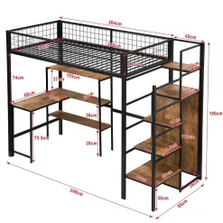Okwish Lit mezzanine 90x200 cm avec bureau, placard et étagères, structure métal robuste, noir, sans matelas Online