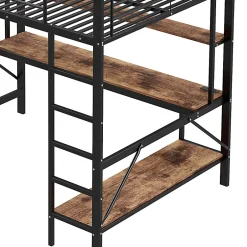 Okwish Lit mezzanine 140x200 cm avec bureau, étagères, LED et prise USB - lit ado/enfant gain de place - métal noir - sans matelas Hot