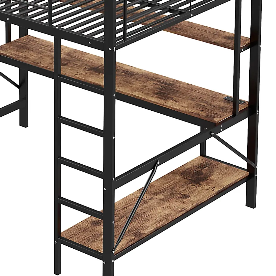 Okwish Lit mezzanine 140x200 cm avec bureau, étagères, LED et prise USB - lit ado/enfant gain de place - métal noir - sans matelas Hot