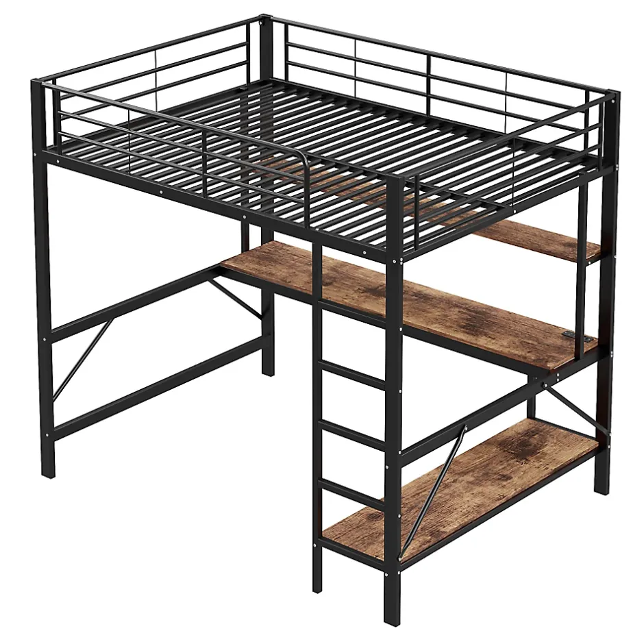 Okwish Lit mezzanine 140x200 cm avec bureau, étagères, LED et prise USB - lit ado/enfant gain de place - métal noir - sans matelas Hot