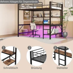 Okwish Lit mezzanine 140x200 cm avec bureau, étagères, LED et prise USB - lit ado/enfant gain de place - métal noir - sans matelas Hot