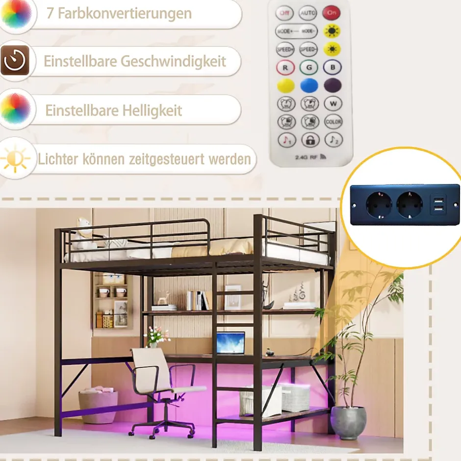 Okwish Lit mezzanine 140x200 cm avec bureau, étagères, LED et prise USB - lit ado/enfant gain de place - métal noir - sans matelas Hot
