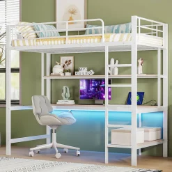 Generique Lit mezzanine 90x200 cm avec bureau intégré, étagères, LED et prise USB, lit ado/enfant gain de place - métal blanc - sans matelas