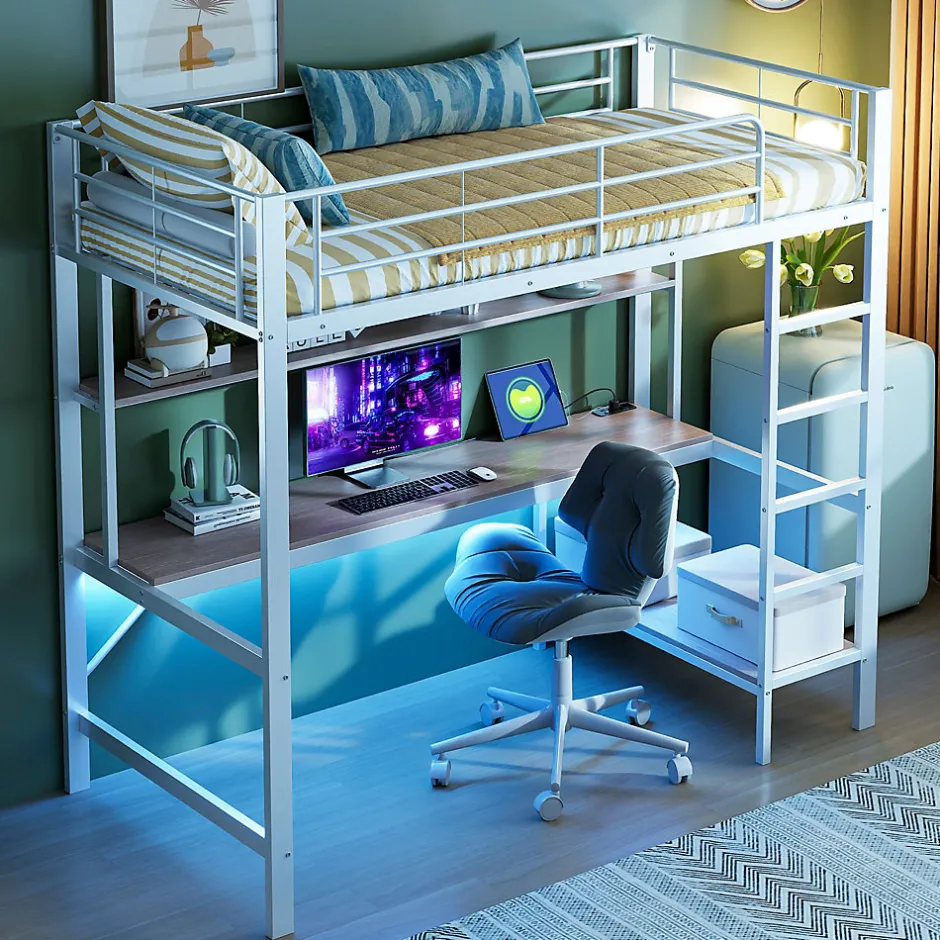 Generique Lit mezzanine 90x200 cm avec bureau intégré, étagères, LED et prise USB, lit ado/enfant gain de place - métal blanc - sans matelas