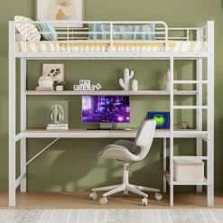 Generique Lit mezzanine 90x200 cm avec bureau intégré, étagères, LED et prise USB, lit ado/enfant gain de place - métal blanc - sans matelas