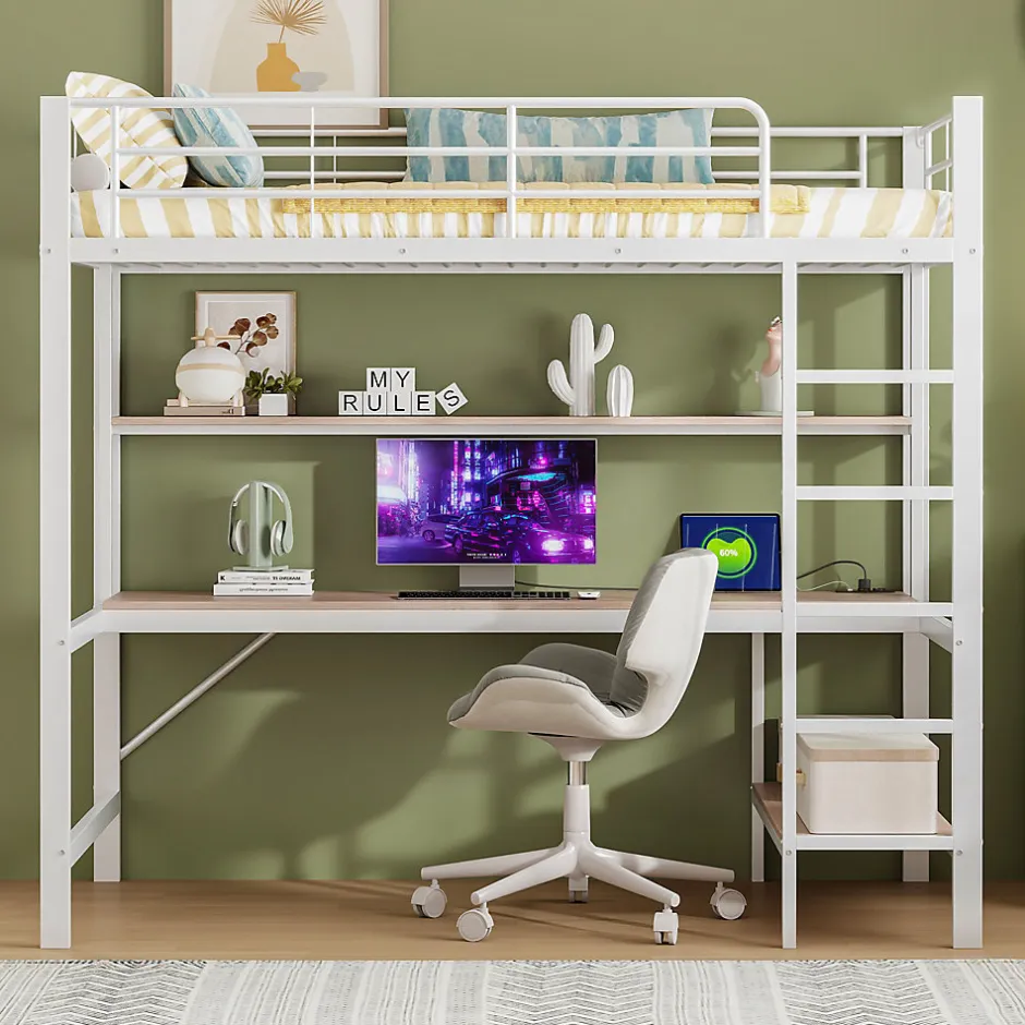 Generique Lit mezzanine 90x200 cm avec bureau intégré, étagères, LED et prise USB, lit ado/enfant gain de place - métal blanc - sans matelas