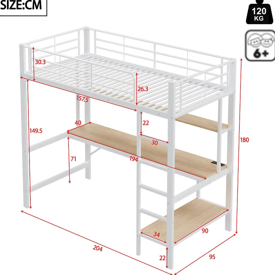 Generique Lit mezzanine 90x200 cm avec bureau intégré, étagères, LED et prise USB, lit ado/enfant gain de place - métal blanc - sans matelas