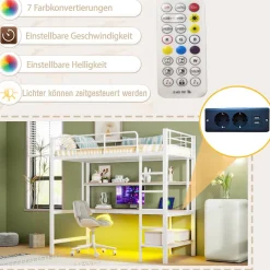 Generique Lit mezzanine 90x200 cm avec bureau intégré, étagères, LED et prise USB, lit ado/enfant gain de place - métal blanc - sans matelas