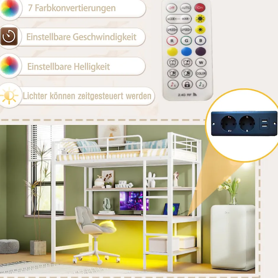 Generique Lit mezzanine 90x200 cm avec bureau intégré, étagères, LED et prise USB, lit ado/enfant gain de place - métal blanc - sans matelas
