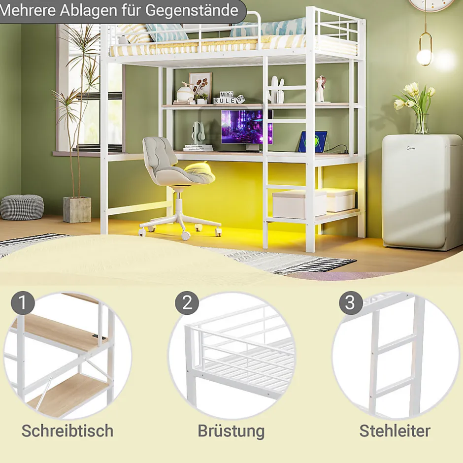 Generique Lit mezzanine 90x200 cm avec bureau intégré, étagères, LED et prise USB, lit ado/enfant gain de place - métal blanc - sans matelas