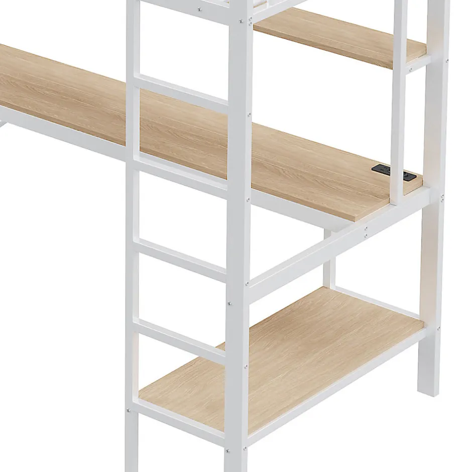 Generique Lit mezzanine 90x200 cm avec bureau intégré, étagères, LED et prise USB, lit ado/enfant gain de place - métal blanc - sans matelas