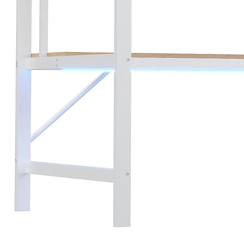 Generique Lit mezzanine 90x200 cm avec bureau intégré, étagères, LED et prise USB, lit ado/enfant gain de place - métal blanc - sans matelas
